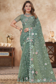 Dusty Green Net Embroidered Saree For Wedding