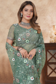 Dusty Green Net Embroidered Saree For Wedding