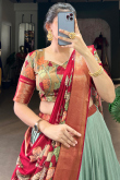 Dusty Green Silk Blend Lehenga With Printed Work For Diwali