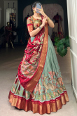 Dusty Green Silk Blend Lehenga With Printed Work For Diwali