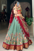Dusty Green Silk Blend Lehenga With Printed Work For Diwali
