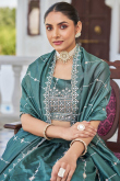 Dusty Green Silk Blend Lehenga With Zari Work For Diwali
