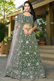 Dusty Green Tissue Embroidered Panelled Style Lehenga For Wedding