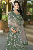 Dusty Green Tissue Embroidered Panelled Style Lehenga For Wedding