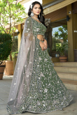 Dusty Green Tissue Embroidered Panelled Style Lehenga For Wedding