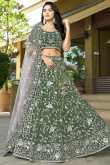 Dusty Green Tissue Embroidered Panelled Style Lehenga For Wedding