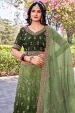 Dusty Green Tissue Silk Flared Style Lehenga with Printed Work