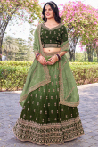 Dusty Green Tissue Silk Flared Style Lehenga with Printed Work