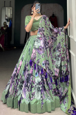 Dusty Green Tussar Silk Lehenga With Printed Work For Diwali