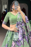 Dusty Green Tussar Silk Lehenga With Printed Work For Diwali
