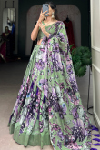 Dusty Green Tussar Silk Lehenga With Printed Work For Diwali