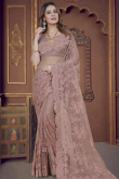 Dusty Mauve Embroidered Net Saree For Wedding 