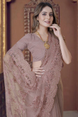 Dusty Mauve Embroidered Net Saree For Wedding 