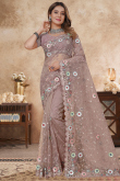 Dusty Mauve Net Embroidered Saree For Wedding