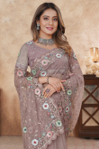 Dusty Mauve Net Embroidered Saree For Wedding
