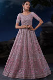 Dusty Mauve Net Embroidered Wedding Wear Lehenga