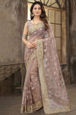 Dusty Mauve Net Saree With Zari Work For Festival