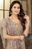 Dusty Mauve Net Saree With Zari Work For Festival