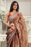Dusty Orange Sequins Embroidered Tissue Saree For Sangeet