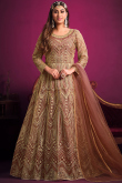 Net Dusty Peach Bridesmaid Wear Anarkali Suit with Zari Work