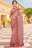 Saree in Dusty Peach Net for Party Wear with Resham embroidery