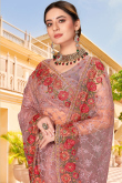 Saree in Dusty Peach Net for Party Wear with Resham embroidery