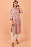 Dusty Pink Cotton Straight Cut Kurti With Printed