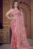 Dusty Pink Embroidered Net Saree For Sangeet 