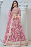 Dusty Pink Net Embroidered Panelled Style Lehenga For Wedding