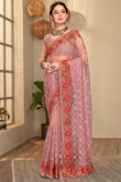 Dusty Pink Net Traditional Saree with Stone Work