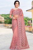 Saree in Dusty Pink Net for Party Wear with Thread embroidery