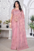 Dusty Pink Sequins Embroidered Net Saree For Festival