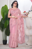 Dusty Pink Sequins Embroidered Net Saree For Festival