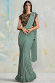 Dusty Teal Patch Embroidered Lycra Pre-Stitched Saree 