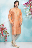 Wedding Special Jacquard Kurta In Peach With Churidar