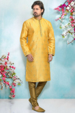 Wedding Special Jacquard Kurta In Yellow With Churidar