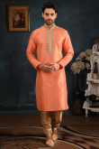 Wedding Special Men Kurta In Peach With Gold Churidar