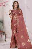 Elegant Mauve Red Saree in Organza Silk with Emboidery 