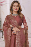 Elegant Mauve Red Saree in Organza Silk with Emboidery 