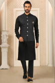 Dark Black Traditional Wedding Wear Men Kurta Pajama in Art Silk