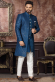 Embroidered Art Silk Dark Blue Men's Sherwani With Jacket