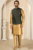 Embroidered Art Silk Gold Men Kurta Pajama
