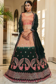 Embroidered Art Silk Lehenga in Bottle Green and Peach 