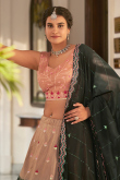 Embroidered Art Silk Lehenga in Bottle Green and Peach 