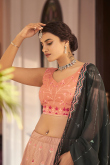 Embroidered Art Silk Lehenga in Bottle Green and Peach 