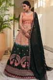 Embroidered Art Silk Lehenga in Bottle Green and Peach 