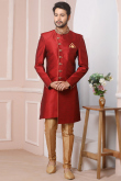 Embroidered Banarasi Silk Deep Red Men's Sherwani
