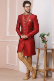 Embroidered Banarasi Silk Deep Red Men's Sherwani
