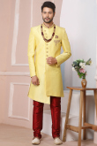 Embroidered Banarasi Silk Light Yellow Men's Sherwani