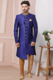 Embroidered Banarasi Silk Navy Blue Men's Sherwani with Churidar